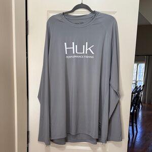 Huk Gray Performance Fishing Long Sleeve Shirt with White Logo
